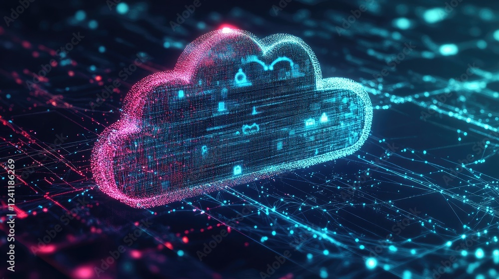 Poster digital cloud with data connections and security elements visualized