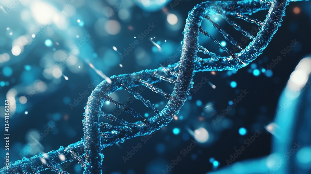Poster intricate close-up of a blue dna double helix structure with sparkles