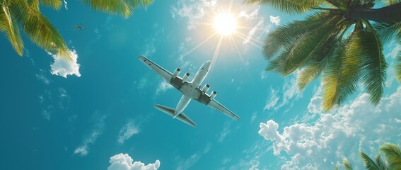 Fototapeta premium Imagine a stunning Summer Vacation scene with an airplane soaring, palm trees swaying in a warm breeze, and clear blue skies, creating the ideal atmosphere for a joyful and relaxing getaway