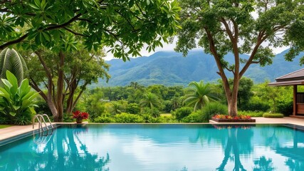 Luxury hotel pool surrounded by lush greenery overlooking a picturesque mountain landscape, greenery, outdoor, serene