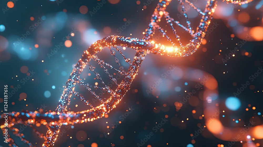 Poster vibrant dna helix with glowing particles in abstract space background