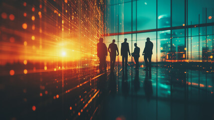 Group of business people silhouettes in modern office building and business network concept. Human resources with pastel innovation charts and graphs with statistics to analyze business