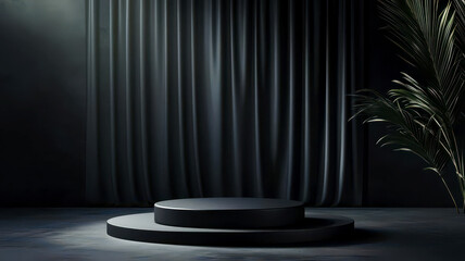 Elegant round podium with a smooth finish on a sleek stage, soft shadows and minimal lighting, perfect for luxury mockup