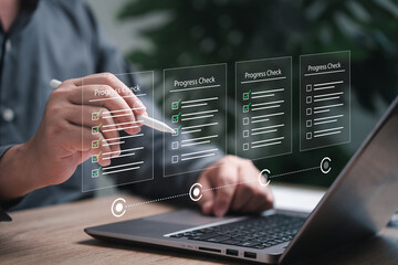 Progress check online document, Checklist and Task Management Concept, Businessman progress tracking of work, Document check online, Schedule plan, Workflow report step-by-step management, target