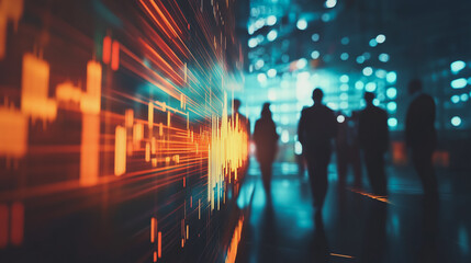 Obraz premium Group of business people silhouettes in modern office building and business network concept. Human resources with pastel innovation charts and graphs with statistics to analyze business