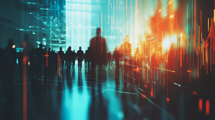 Group of business people silhouettes in modern office building and business network concept. Human resources with pastel innovation charts and graphs with statistics to analyze business