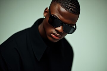 Fototapeta premium Stylish young man wearing sunglasses in a contemporary indoor setting showcasing modern fashion and confidence