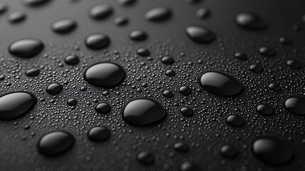 Black Water Drops on Dark Surface Reflecting Light Giving Abstract Texture and Minimalist Pattern.