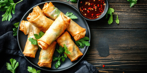 A Plate of Crispy Fried Spring Rolls and Spicy Sauce on a Wooden Table with Space for Copy