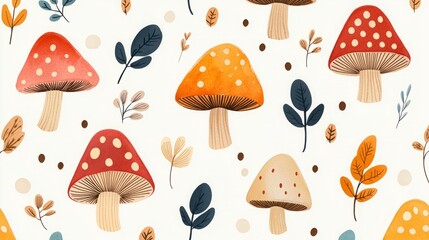 Vintage botanical floral historical artistic. A whimsical pattern featuring colorful mushrooms and leaves, set against a cream background, perfect for nature-inspired designs.