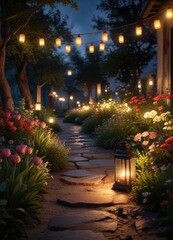 Obraz premium Moonlit garden with soft candlelight and lanterns, lanterns, gentle light, ambiance