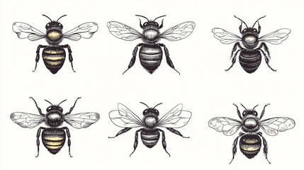 Set of hand-drawn honeybees