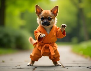 Cute Chihuahua Puppy in Karate Gi Outdoors