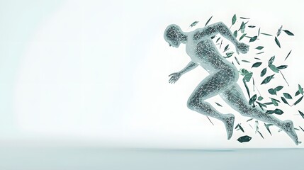 Dynamic 3D depicting a running figure constructed from fresh organic elements showcasing a health and fitness concept of an active and balanced lifestyle