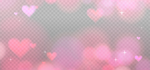 Abstract pink refraction glow and heart bokeh effect. Romantic crystal light leak flare reflection effect. Transparent Valentine s day refraction background. Vector overlay