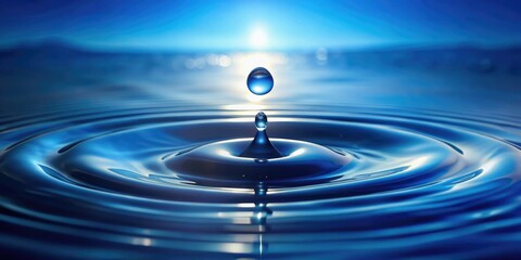 Navy blue ocean water with a single droplet suspended in mid-air, illuminated by sunlight, fluid dynamics, navy blue, sunlight, aquatic life, ocean water