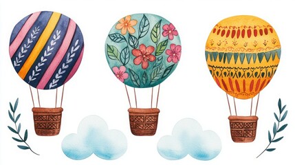 Vintage botanical floral historical artistic. Colorful hot air balloons float above clouds, each uniquely decorated with patterns and floral designs, enhancing a whimsical, cheerful atmosphere.