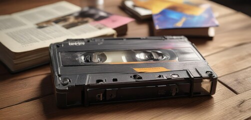 Obraz premium Old audio cassette with a book lying on a wooden table, music_and_reading, audio_cassette_with_book, nostalgic_object