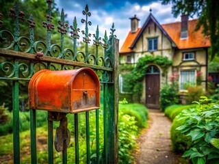 Rustic Countryside: Orange Metal Mailbox on Green Iron Fence Stock Photo