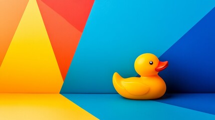 Brightly colored geometric background with a playful rubber duck positioned prominently