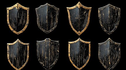 Eight medieval-style shields, dark wood, gold trim, black background; game design asset