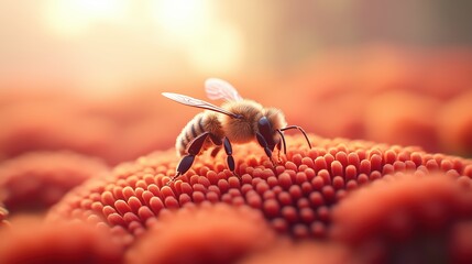 Close-up of a bee collecting pollen from vibrant orange flowers in a soft-focus natural environment during golden hour light. Macro shot world of small animals in ecosystem.