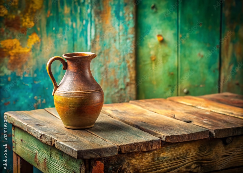 Poster rustic still life: jug and simple objects on weathered wood table