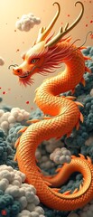 Fototapeta premium Majestic Orange Dragon Emerges from Clouds in Dreamy Landscape