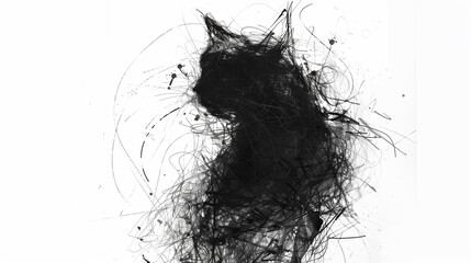 Fototapeta premium A black cat with a creepy look on its face is sitting on a white background. The cat appears to be in a state of distress or fear, as if it is being haunted by something. Scene is eerie and unsettling