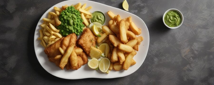 Overhead shot of plate of fish and chips with mushy peas , food, savory, meal