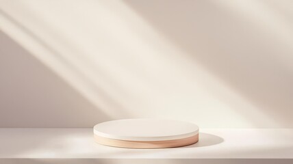 Minimalist round podium with sharp edges, placed on a sleek white stage, elegant lighting creating a modern product showcase