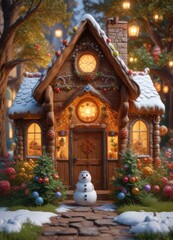 Fototapeta premium Owl gazing at a beautifully decorated gingerbread cottage with gumdrop bushes and snowman doors, icing details, bakery window, candy cane fence