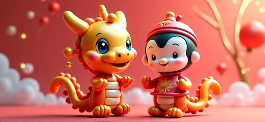Cute Cartoon Dragon and Monkey Characters with Festive Background