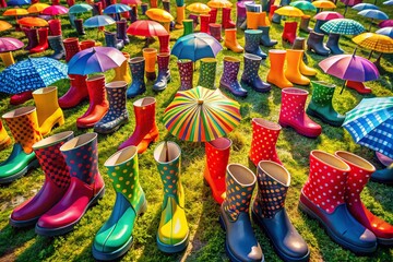 Quirky Colorful Rubber Boots with Umbrellas Aerial View Stock Photo