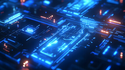 Obraz premium A sleek platinum blue design with digital circuit patterns and neon-lit edges, ideal for tech-inspired concepts and designs.