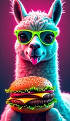 Colorful Llama with Shades and a Juicy Hamburger Delight
