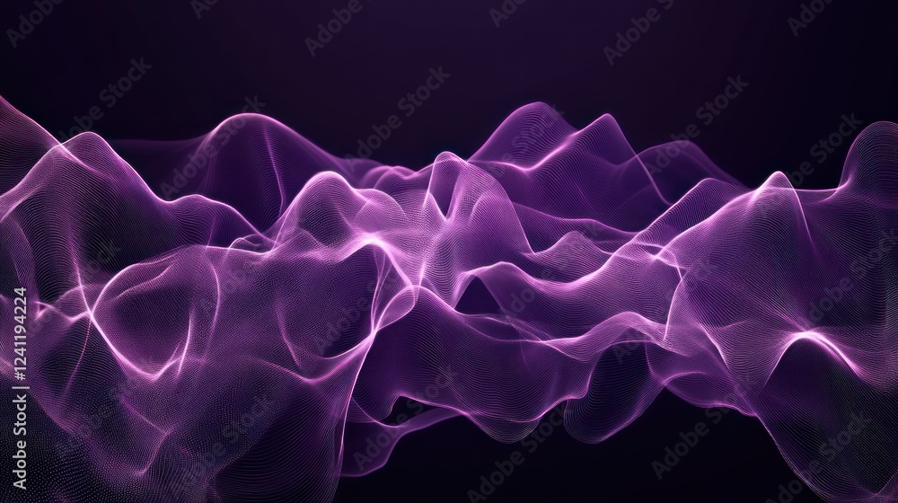 Poster abstract digital network design with vibrant purple pulsating waves on dark background