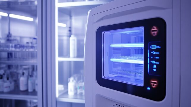 A closeup of a smart incubators exterior showcasing its sleek design with integrated LED indicators that signal operational status. The device is set against a backdrop of scientific