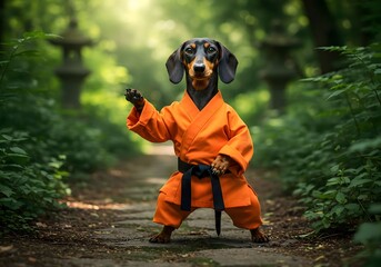 Dachshund Dog in Karate Gi Posing Outdoors