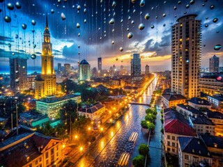 Fototapeta premium Rainy Batumi Cityscape: Low-Light View from High-Rise Window