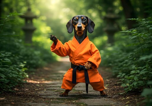 Dachshund Dog in Karate Gi Posing Outdoors