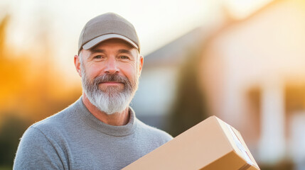 Mature Caucasian man delivering package with friendly smile in sunny suburban setting