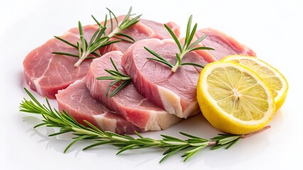 Raw Pork Slices with Rosemary & Lemon - Gourmet Butcher Shop Top View Stock Photo
