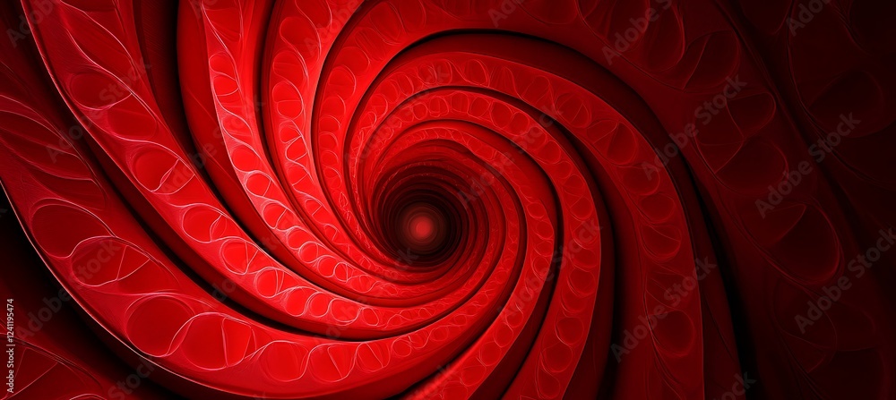 Poster a deep red monochromatic background adorned with swirling lines that form an intricate and hypnotic 