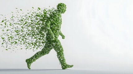 Energetic organic figure mid stride built from fresh food ingredients like fruits and vegetables in a bold 3D style  Dynamic movement and vitality captured in a digital render