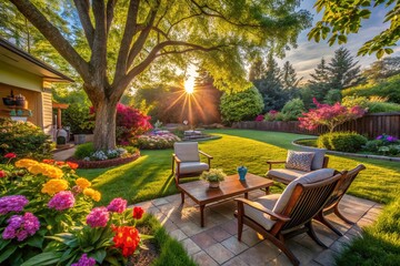 Serene Backyard Oasis: Lush Green Grass, Blooming Flowers, and Sunlight
