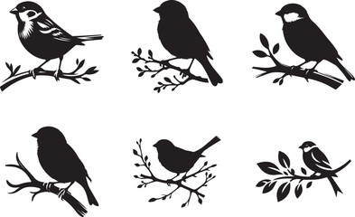 Silhouette illustration of Sparrow birds perched on a branch