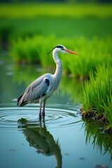 Obraz premium Heron wading in shallow pond near rice fields, birds, pond, waterbirds