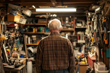 Fototapeta premium Elderly Man Standing in a Cluttered Workshop Surrounded by Tools
