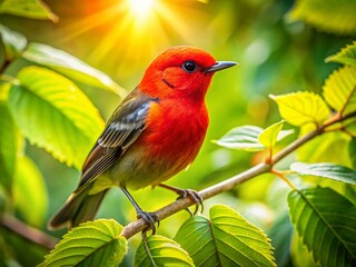 Red-faced Warbler Aerial View: Vibrant Bird in Lush Forest Canopy